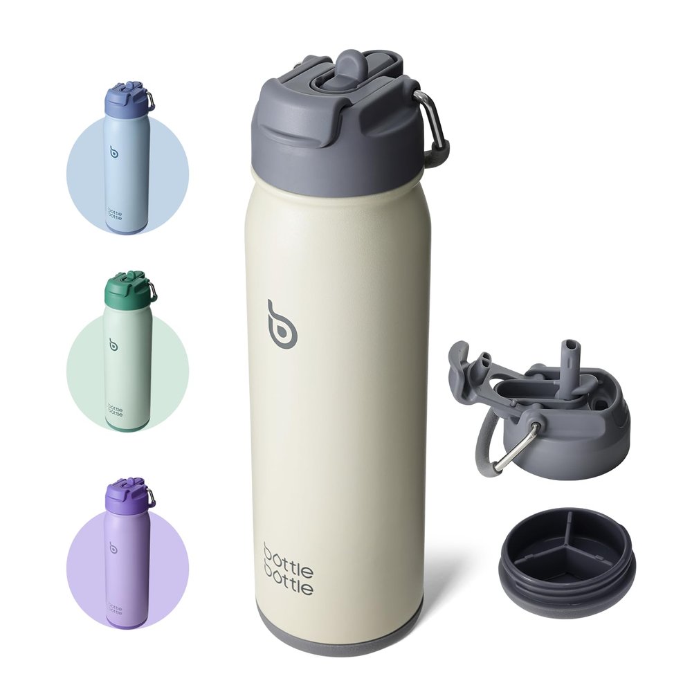 BOTTLE BOTTLE 24 oz sports water bottle stainless steel insulated water bottle with straw and pills holder (gray)