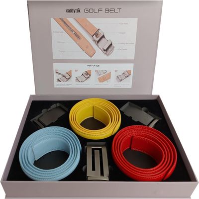CaddyTek Golf Belt for Men Shiny Edition, Genuine Leather No-Hole Ratchet Belt Set with Micro-Adjust Track, 3 Belts & 3 Buckles, Mens Golf Accessories
