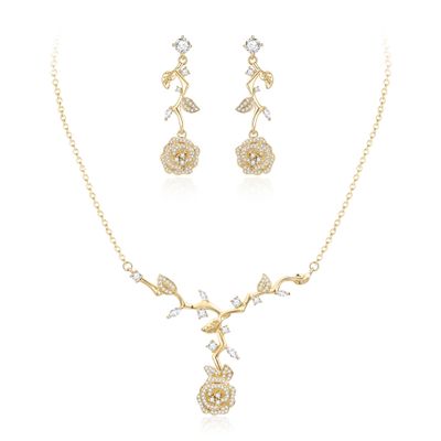 EVER FAITH Wedding Jewelry Set for Bride, Gorgeous Cubic Zirconia Gold Plated Elegant Rose Flower Bridal Necklace Dangle Earrings Sets for Women