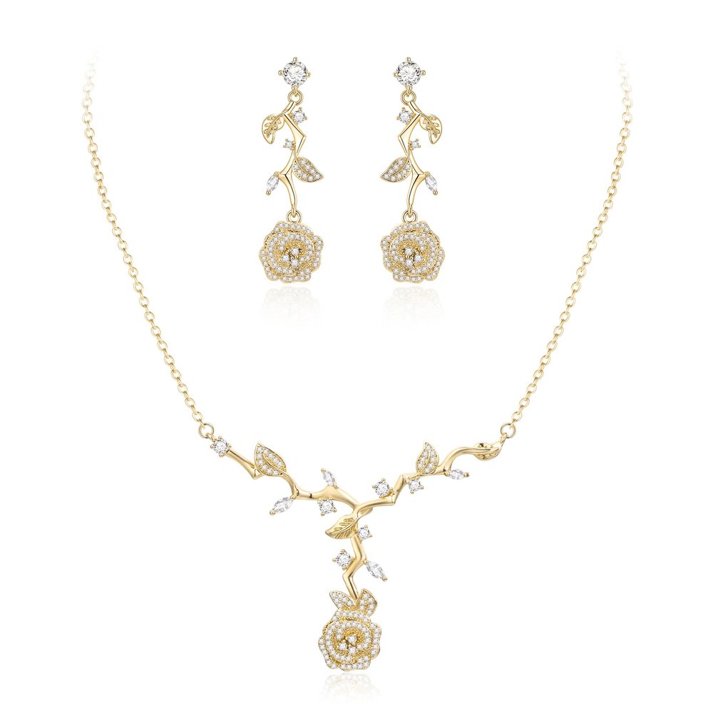 EVER FAITH Wedding Jewelry Set for Bride, Gorgeous Cubic Zirconia Gold Plated Elegant Rose Flower Bridal Necklace Dangle Earrings Sets for Women