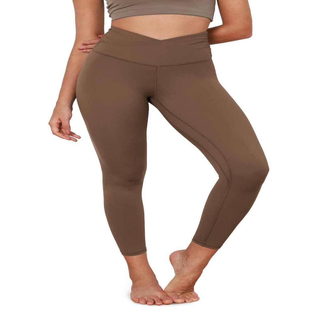 ODODOS Women's Cross Waist 7/8 Yoga Leggings with Inner Pocket, Inseam 25" Gathered Crossover Workout Yoga Pants, Brunette, Large