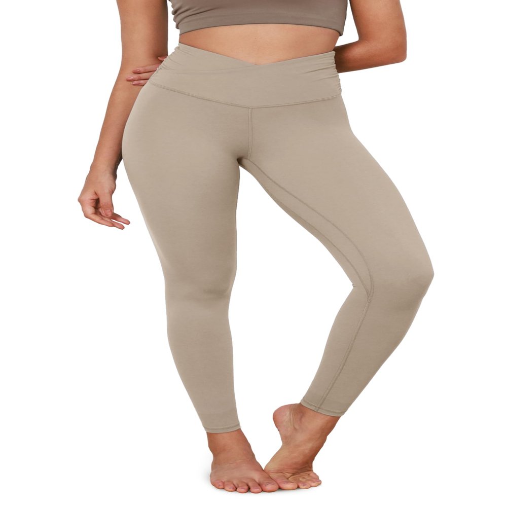 ODODOS Women's Cross Waist Full Length Yoga Leggings with Inner Pocket, Inseam 28" Gathered Crossover Workout Yoga Pants, Shaker Beige, X-Large
