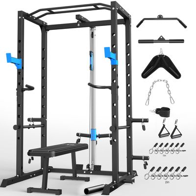 ULTRA FUEGO Power Cage, Multi-Functional Power Rack with J-Hooks, Dip Handles, Landmine Attachment and Optional Cable Pulley System for Home Gym (Power Cage with Pulley System and Flat Bench)