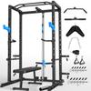 ULTRA FUEGO Power Cage, Multi-Functional Power Rack with J-Hooks, Dip Handles, Landmine Attachment and Optional Cable Pulley System for Home Gym (Power Cage with Pulley System and Flat Bench) view 1