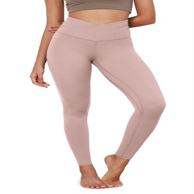 ODODOS Women's Cross Waist Full Length Yoga Leggings with Inner Pocket, Inseam 28" Gathered Crossover Workout Yoga Pants, Dusty Pink, Large