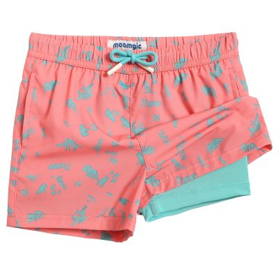 maamgic Boys Swim Trunks with Compression Liner Toddler Stretch Swim Shorts Quick Dry Swimming Trunks Boxer Brief 2 in 1 Beach Shorts Pink Mini Dinosaur 7