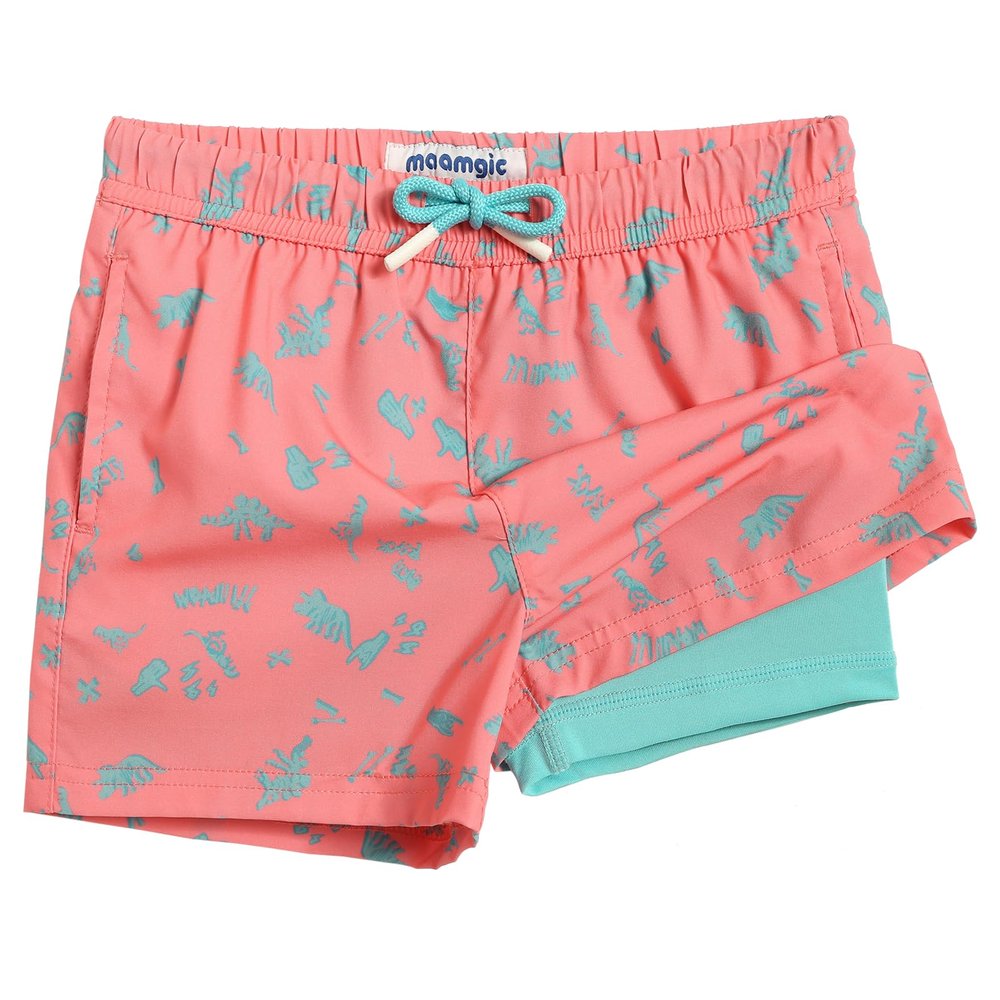 maamgic Boys Swim Trunks with Compression Liner Toddler Stretch Swim Shorts Quick Dry Swimming Trunks Boxer Brief 2 in 1 Beach Shorts Pink Mini Dinosaur 7