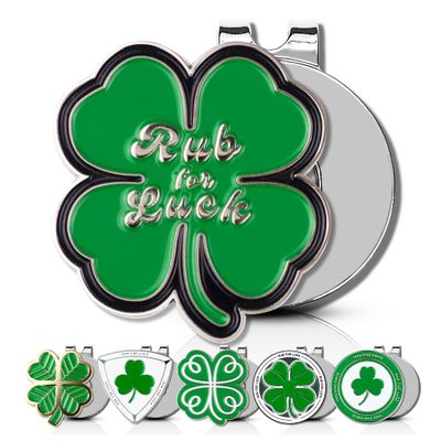 ClubSmith Lucky Golf Ball Marker with Magnetic Hat Clip, Irish Clover & Shamrock, Premium Alignment Putting Mark, Funny Golf Accessories & Gifts for Men and Women (Rub for Luck Charm)