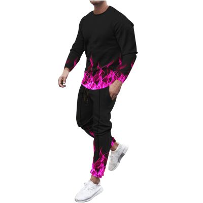 amazon warehouse sale men's casual active tracksuits Men's Athletic 2 Pieces Tracksuit Casual 3D Flame Print Pullover Crewneck Sweatshirts Loose Sports Sweatpant Set Purple M