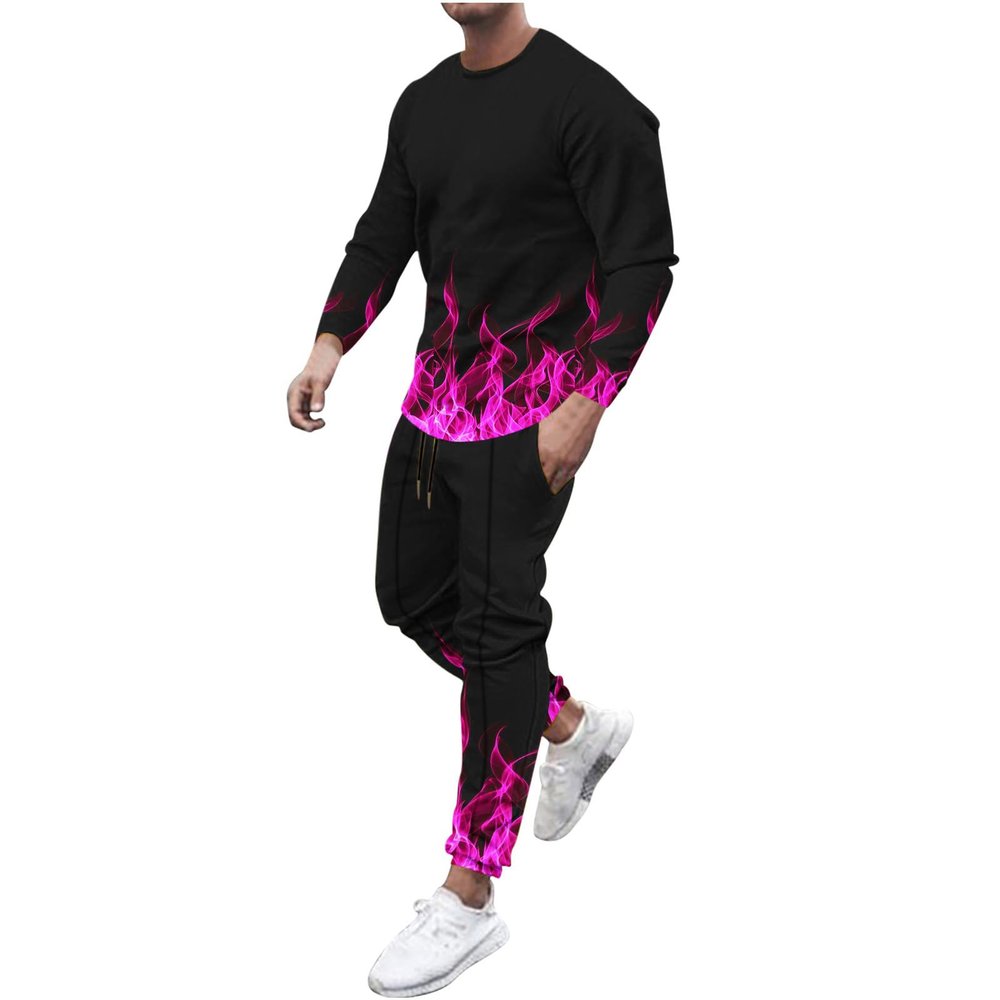 amazon warehouse sale men's casual active tracksuits Men's Athletic 2 Pieces Tracksuit Casual 3D Flame Print Pullover Crewneck Sweatshirts Loose Sports Sweatpant Set Purple M