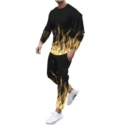 recent orders mens two piece outfits sets casual Men's Athletic 2 Pieces Tracksuit Casual 3D Flame Print Pullover Crewneck Sweatshirts Loose Sports Sweatpant Set Yellow M