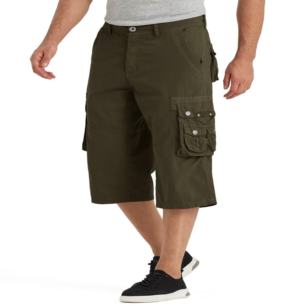 BEST SOUTH 3/4 Capri Long Cargo Shorts for Men Below Knee 18 Inches Pants Casual Hiking Work Outdoor with Pockets Olive Green 32
