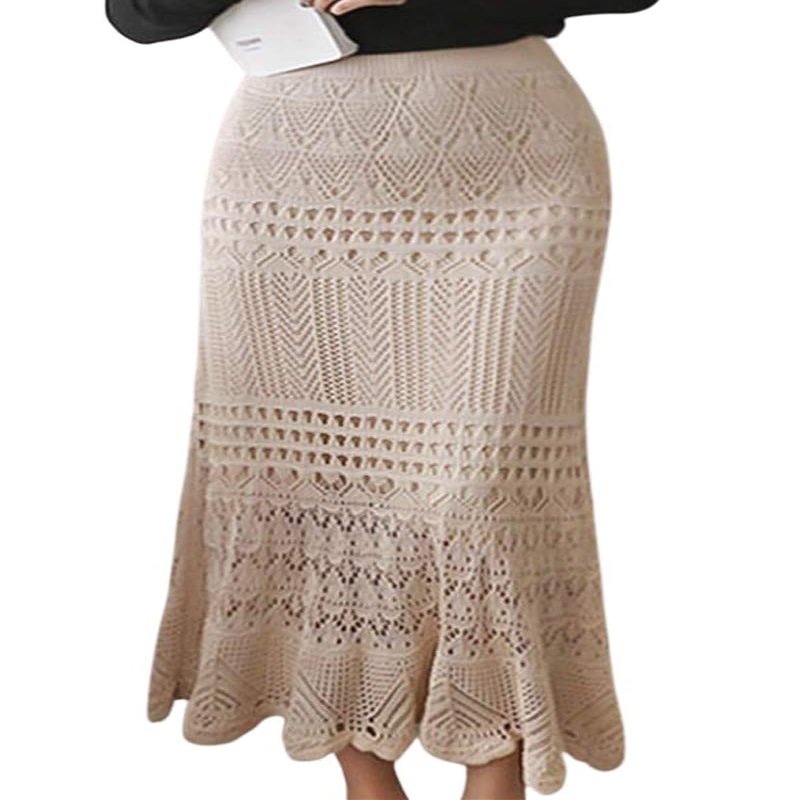 Leyoutx Women's Crochet Knitted Stretchy High Waist Hollow Out Lined Lace Maxi Skirt (X-Small, Beige)