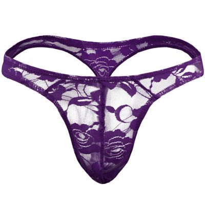 BreakEgg Men's Sexy Lace G-String Underwear Seamless Transparent Thong (Purple,One Size)