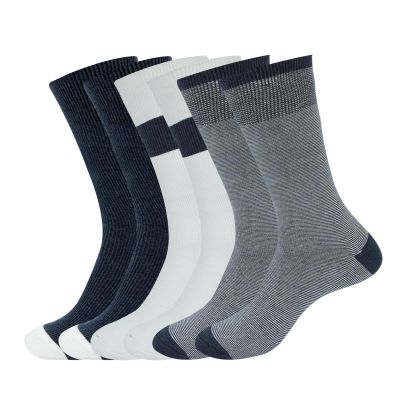 WANDER Men's Dress Socks Cotton Thin Trouser Calf Socks Blue White Rib Novelty Socks (Shoe Size:13-15,6 Pairs Blue Double Needle)