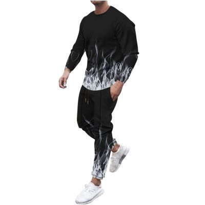 prime early access sale men 11 piece linen outfit Men's Athletic 2 Pieces Tracksuit Casual 3D Flame Print Pullover Crewneck Sweatshirts Loose Sports Sweatpant Set White 4X
