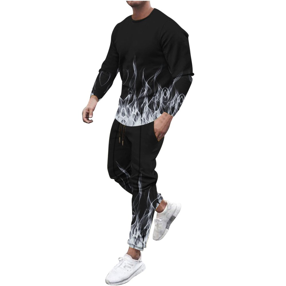 prime early access sale men 11 piece linen outfit Men's Athletic 2 Pieces Tracksuit Casual 3D Flame Print Pullover Crewneck Sweatshirts Loose Sports Sweatpant Set White 4X