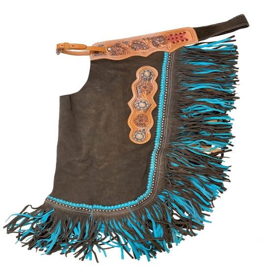 Showman Brown Suede Leather Chinks w/Mixed Blue Fringe