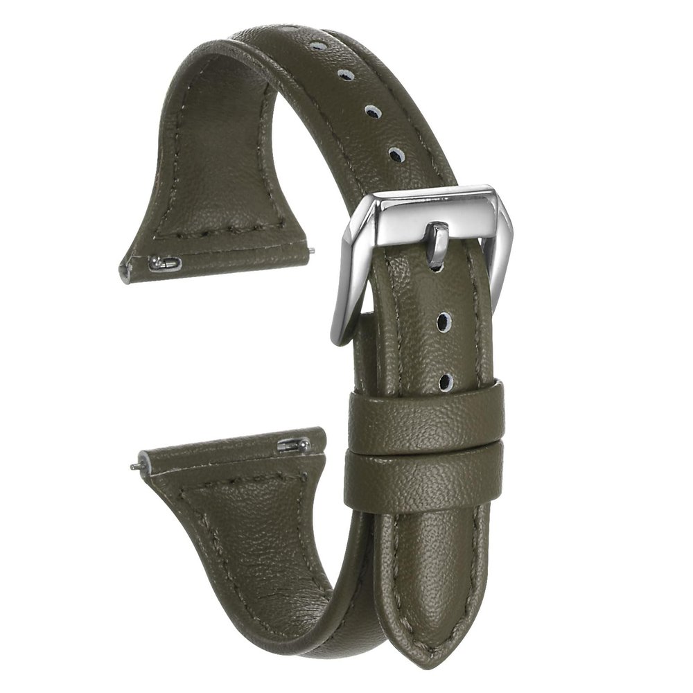 HARFINGTON Genuine Leather Watch Band 22mm Quick Release Elegant Slim Thin Top Grain Replacement Wristband Strap for Ladies/Children Watch & Smartwatch, Olive Green/Silver Tone