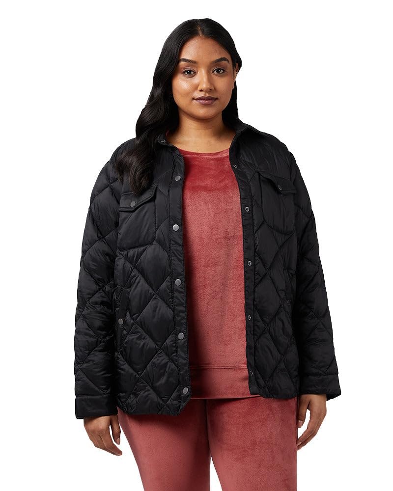 32 Degrees Women's Lightweight Recycled Poly-Fill Shirt Jacket | Quilted | Semi-Fitted | Snap Pockets, Black, X-Small