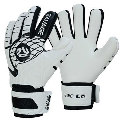 K-LO Goalkeeper Gloves: Savage Blackout Soccer Goalie Glove - White/Black Size 7 (Unisex, Youth & Adult Sizes) - Finger Spine Protection for All Five Fingers with Super Sticky Grip Palm