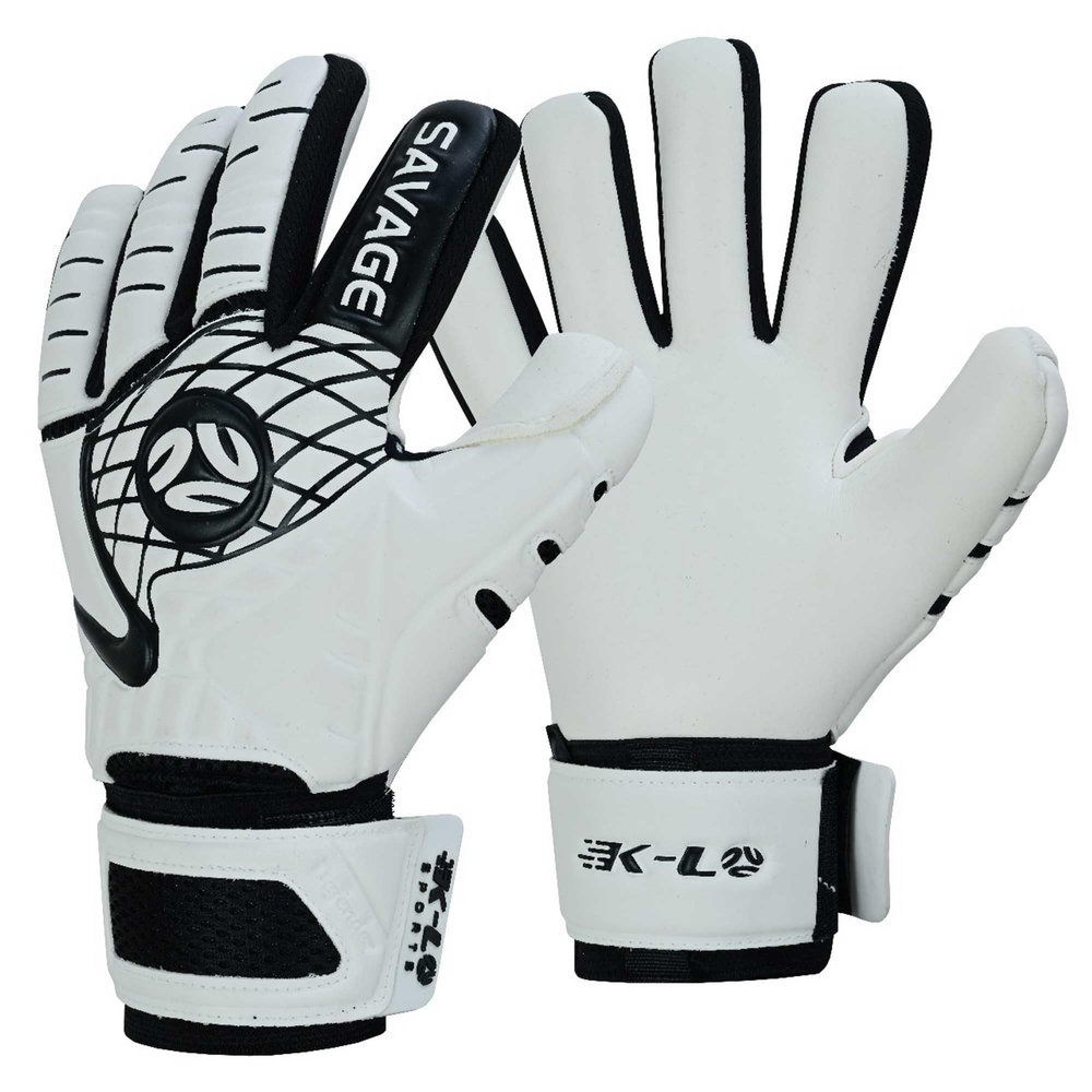 K-LO Goalkeeper Gloves: Savage Blackout Soccer Goalie Glove - White/Black Size 7 (Unisex, Youth & Adult Sizes) - Finger Spine Protection for All Five Fingers with Super Sticky Grip Palm