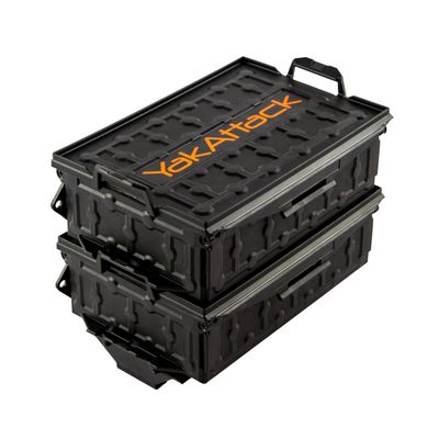 YakAttack TracPak Black Combo Kit  2 Stackable Kayak Storage Boxes with Quick Release Track Mount Base | Kayak Crate System for Fishing Gear & Tackle Accessories | Compact Kayaking Storage Box