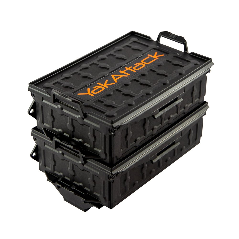YakAttack TracPak Black Combo Kit  2 Stackable Kayak Storage Boxes with Quick Release Track Mount Base | Kayak Crate System for Fishing Gear & Tackle Accessories | Compact Kayaking Storage Box