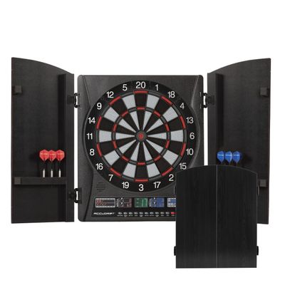 Accudart Apollo Electronic Dartboard Cabinet - 38 Game Modes - 137 Game Variations - Advanced Features - Colorful Backlit Scoring - Cricket X/O Scoring - Integrated Black Woodgrain Doors