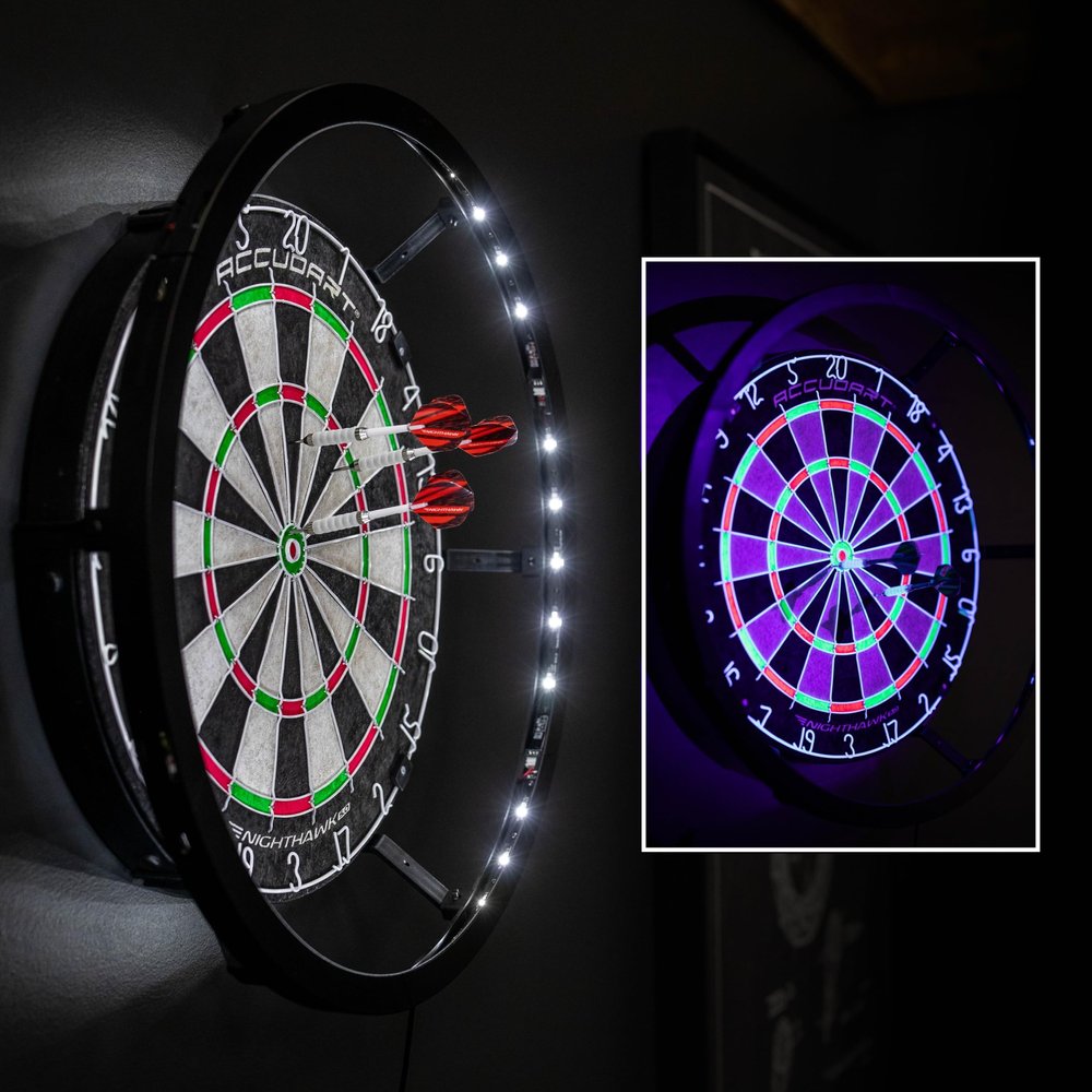 Accudart Nighthawk 2in1 LED & Blacklight Bristle Dartboard Surround Set Official 18 Sisal Board, 360 Lighting with Dimmer, GlowintheDark Steel Tip Darts Included