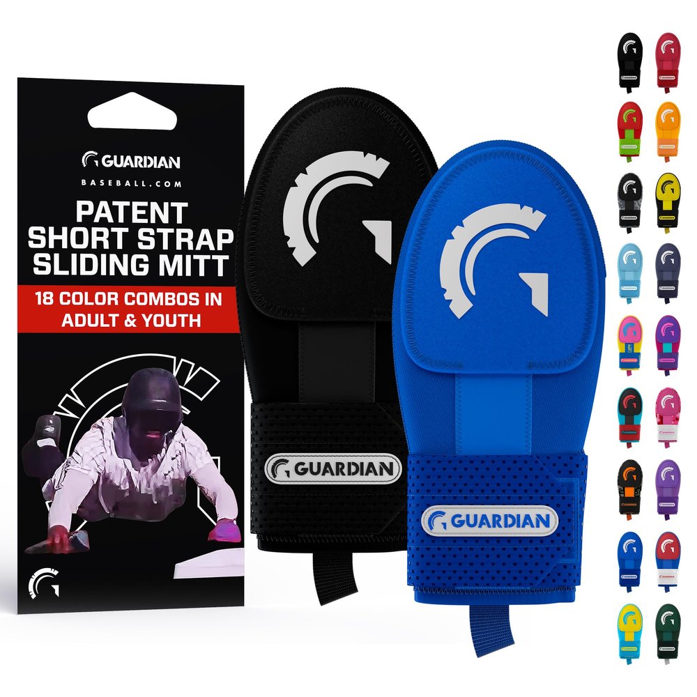 Guardian Baseball Sliding Mitt - Youth and Adult Sizes - Sliding Glove for Baseball - Elastic Compression Strap, (Black-Royal, Pack of 2
