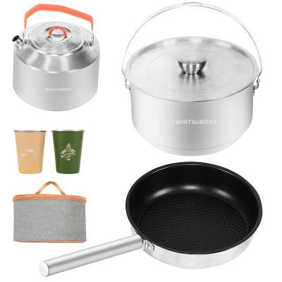 Whitsunday Outdoor Cookware Stainless Steel Set, Backpacking Camping Dinnerware Set - Stackable Pots, Pans, Kettle, Cups Set with Portable Bag for Camping, RV, Campfire
