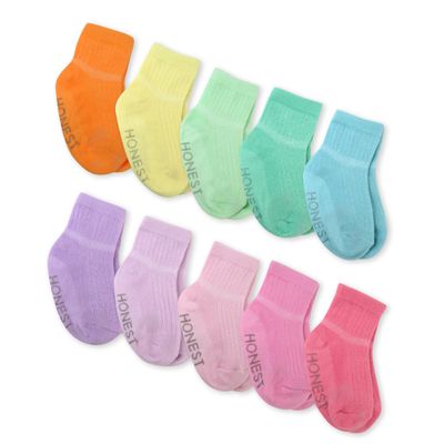 HonestBaby Multipack Cozy Socks Sustainably Made for Infant, Newborn Baby, Toddler, Kids Boys, Girls, 10-pack Rainbow Pinks, 12-24 Months