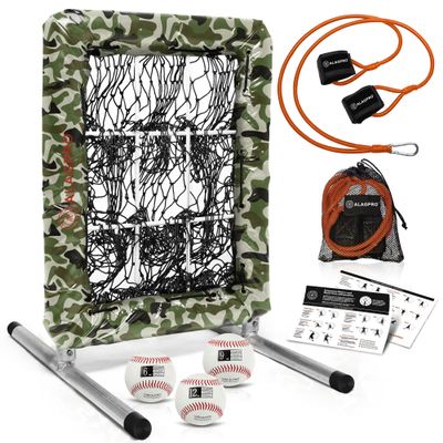 ALAGPRO Pocket Pitching Net 9 Hole Pitching Target Strike Zone for Baseball & Softball Pitchers - Pro Pitching Aid for Improve Accuracy - Included Resistance Band + 3 Weighted Practice Balls
