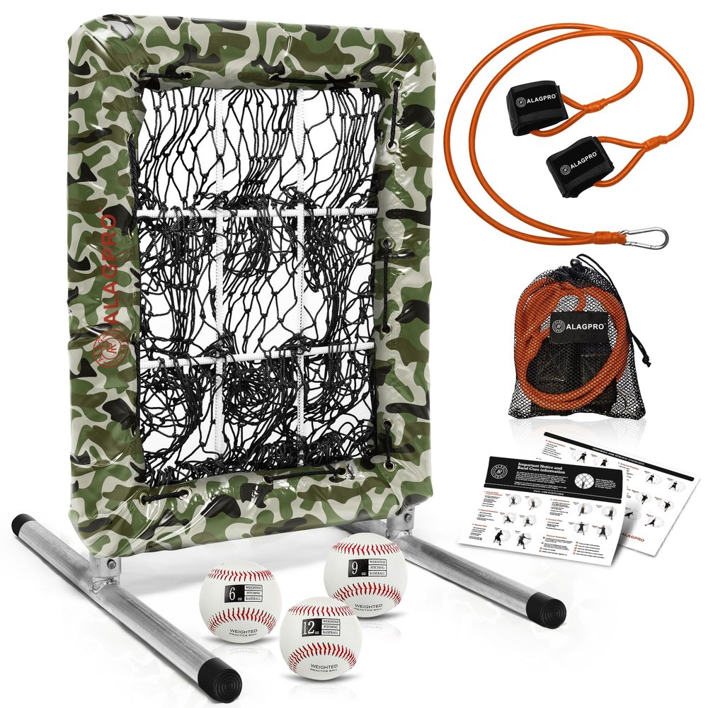 ALAGPRO Pocket Pitching Net 9 Hole Pitching Target Strike Zone for Baseball & Softball Pitchers - Pro Pitching Aid for Improve Accuracy - Included Resistance Band + 3 Weighted Practice Balls