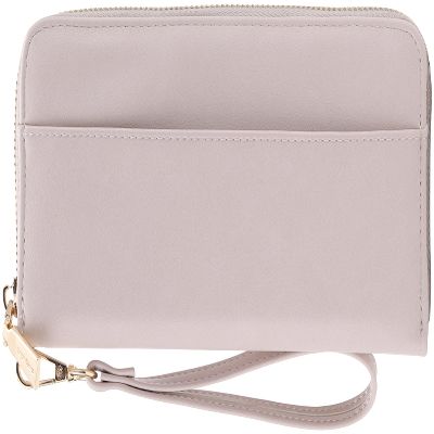 B BRENTANO Vegan Leather Slim Single-Zipper Wallet with Pocket, Wristlet and Tassel Accent (Beige)