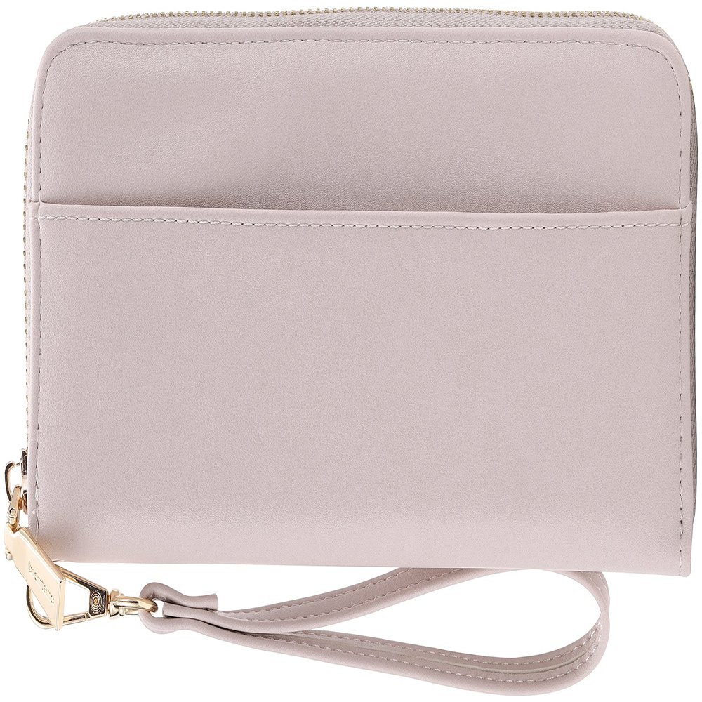 B BRENTANO Vegan Leather Slim Single-Zipper Wallet with Pocket, Wristlet and Tassel Accent (Beige)