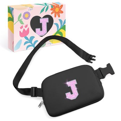 COSHAYSOO Initial Letter Fanny Pack for Girls Personalized Christmas Birthday Gifts for 6 7 8 9 10 11 12 Year Old Teen Girl, Girly Fashion Crossbody Purse Belt Bag Preteen Tween Trendy Stuff Black J