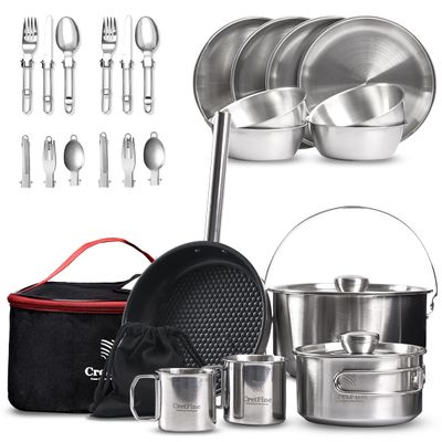 CretFine CompactKit Camping Cookware Set Stainless Steel Pots and Pan with Detachable Handle and Oxford Cloth Bag, for 4-8 Mess Kit with Utensils for Camp Kitchen, Picnic, BBQ, Traveling, Emergency