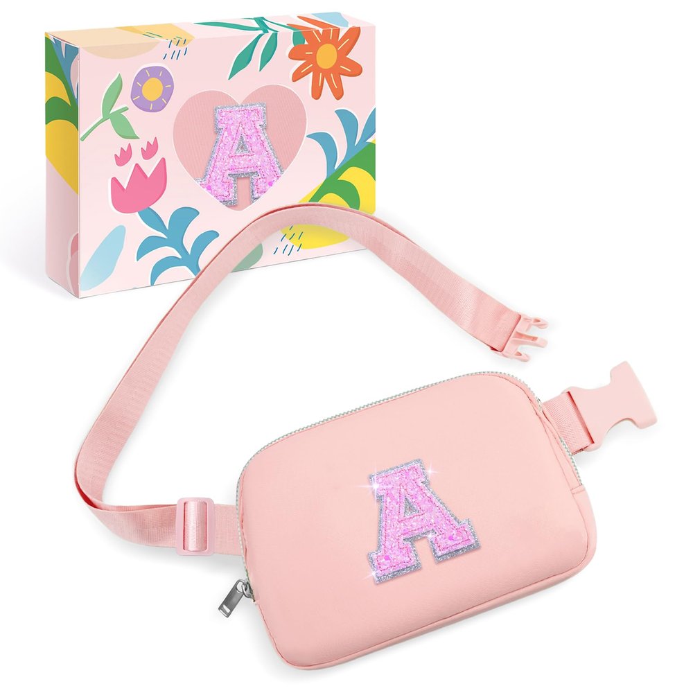 COSHAYSOO Pink Belt Bag Initial Fanny Pack Crossbody Purse for Girls 5-7 6-8 8-10 10-12 Personalized Birthday Gifts for Daughter Big Little Sister Tween Flower Girl Girly Stuff Letter A