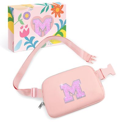 COSHAYSOO Pink Belt Bag Initial Fanny Pack Crossbody Purse for Girls 5-7 6-8 8-10 10-12 Personalized Birthday Gifts for Daughter Big Little Sister Tween Flower Girl Girly Stuff Letter M
