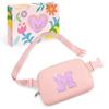COSHAYSOO Pink Belt Bag Initial Fanny Pack Crossbody Purse for Girls 5-7 6-8 8-10 10-12 Personalized Birthday Gifts for Daughter Big Little Sister Tween Flower Girl Girly Stuff Letter M view 1