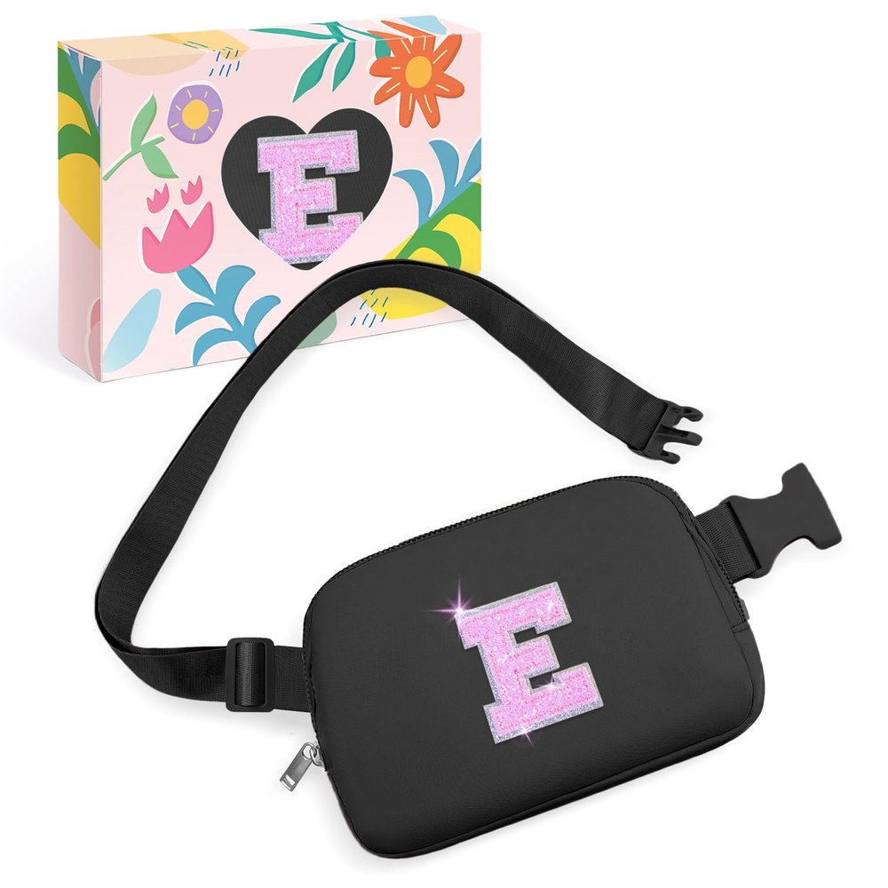 COSHAYSOO Initial Letter Fanny Pack for Girls Personalized Christmas Birthday Gifts for 6 7 8 9 10 11 12 Year Old Teen Girl, Girly Fashion Crossbody Purse Belt Bag Preteen Tween Trendy Stuff Black E