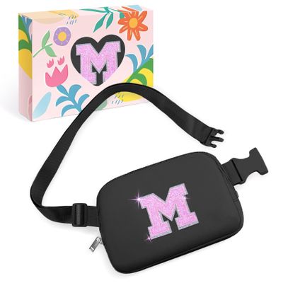 COSHAYSOO Initial Letter Fanny Pack for Girls Personalized Christmas Birthday Gifts for 6 7 8 9 10 11 12 Year Old Teen Girl, Girly Fashion Crossbody Purse Belt Bag Preteen Tween Trendy Stuff Black M