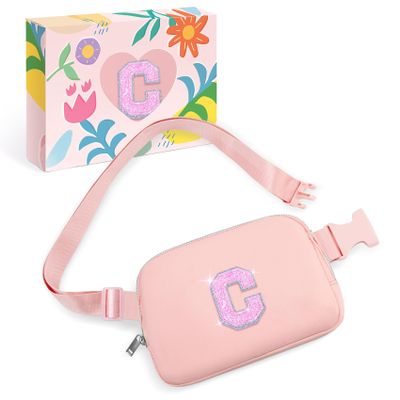 COSHAYSOO Pink Belt Bag Initial Fanny Pack Crossbody Purse for Girls 5-7 6-8 8-10 10-12 Personalized Birthday Gifts for Daughter Big Little Sister Tween Flower Girl Girly Stuff Letter C