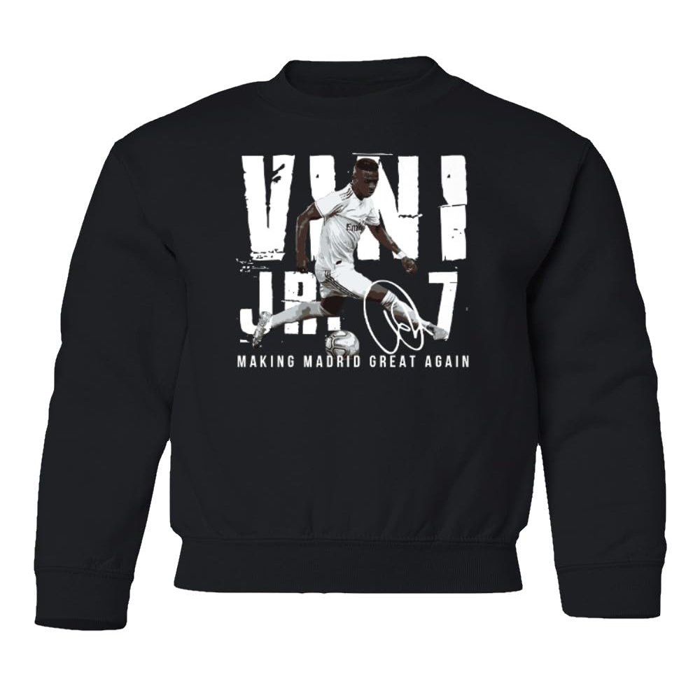 GamesDur Vini Jr Brazilian Soccer Making Madrid Great Again Youth Crewneck Sweatshirt (Black, Youth Medium)
