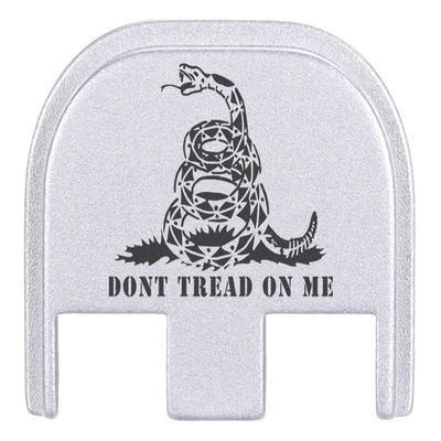 NDZ Performance Rear Slide Cover Plate for Glock Gen 5 17 19 19X 22 23 26 27 34 45 47  9mm .40 Cal  Silver Anodized Aluminum, Black Laser Engraving  Don't Tread On Me Snake