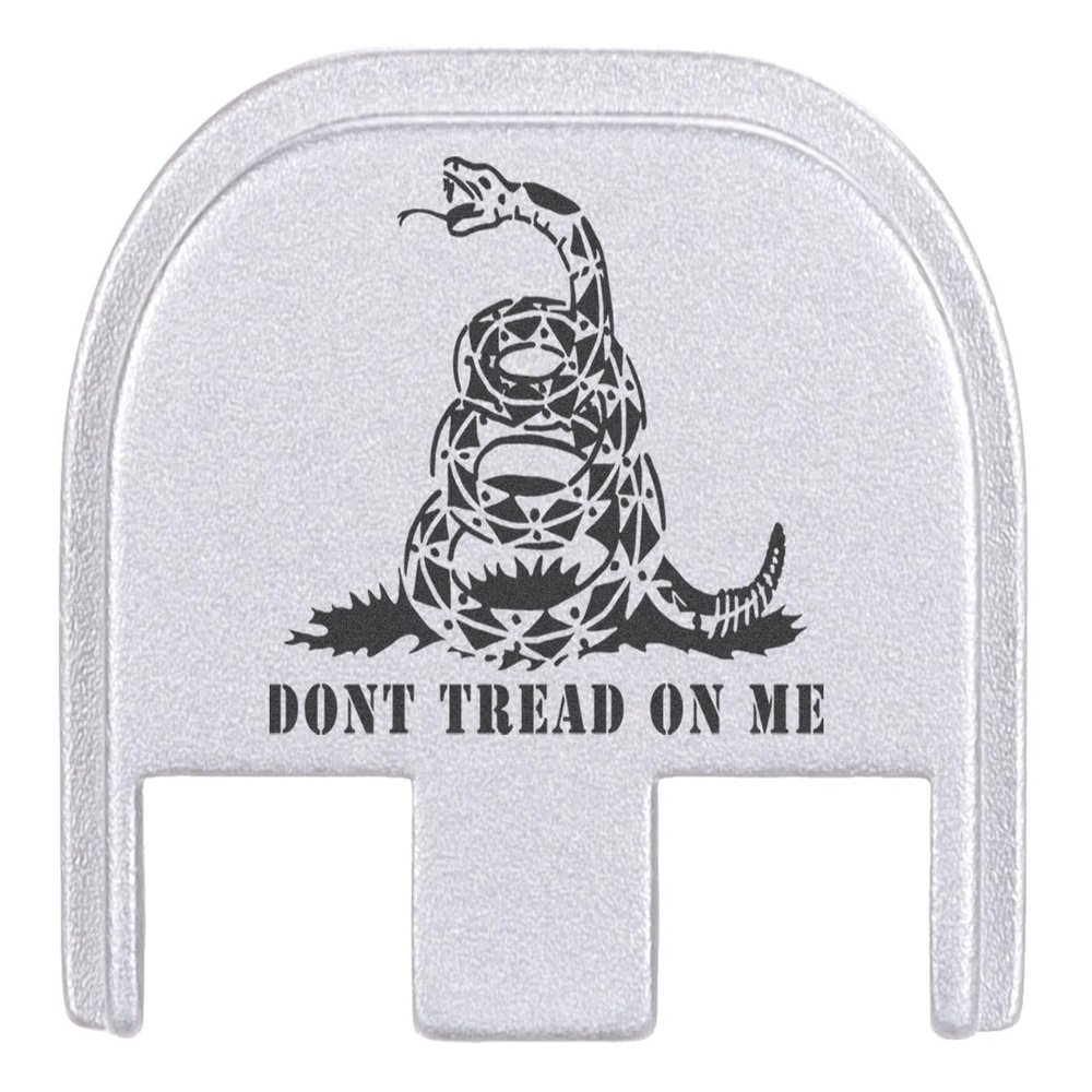 NDZ Performance Rear Slide Cover Plate for Glock Gen 5 17 19 19X 22 23 26 27 34 45 47  9mm .40 Cal  Silver Anodized Aluminum, Black Laser Engraving  Don't Tread On Me Snake