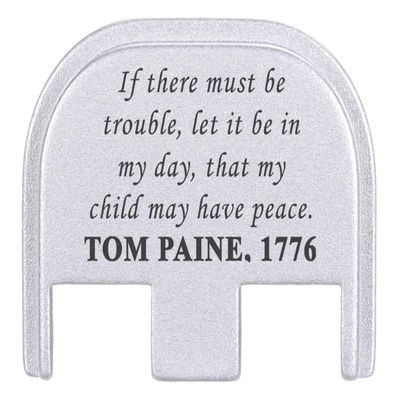 NDZ Performance Rear Slide Cover Plate for Glock Gen 5 17 19 19X 22 23 26 27 34 45 47  9mm .40 Cal  Silver Anodized Aluminum, Black Laser Engraving  Thomas Paine