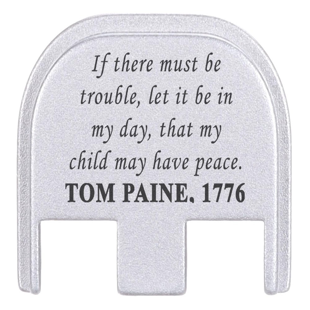NDZ Performance Rear Slide Cover Plate for Glock Gen 5 17 19 19X 22 23 26 27 34 45 47  9mm .40 Cal  Silver Anodized Aluminum, Black Laser Engraving  Thomas Paine